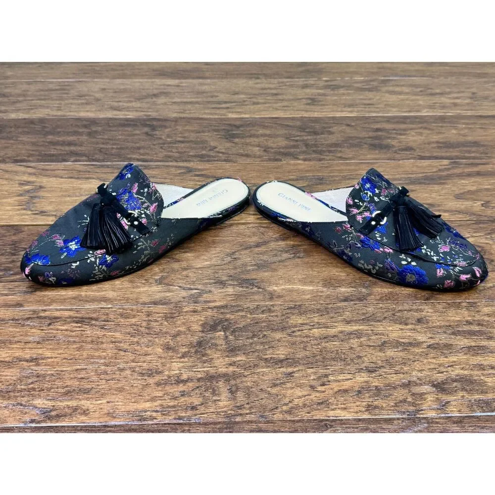 GIANNI BINI Brewsten Floral Brocade Fabric Tassel Mule Loafer, Black, Sz 10M